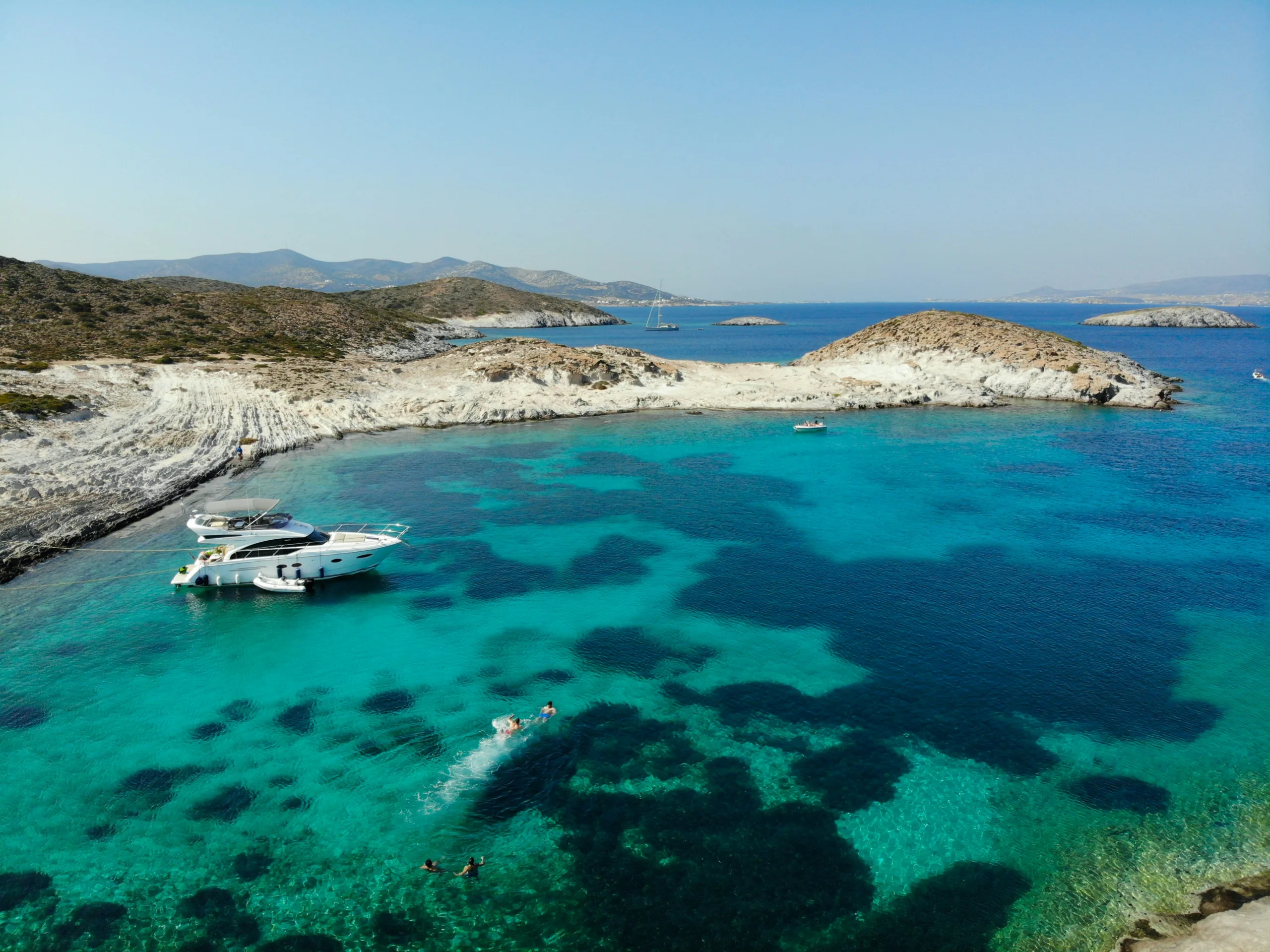 drone aerial view at Faneromeni. Antiparos island, Cyclades, Greece.