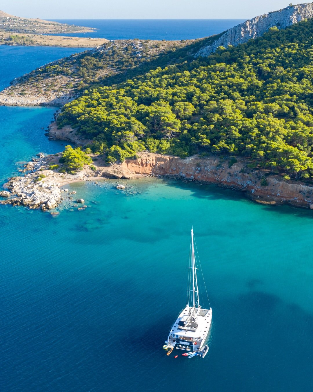 Aerial view of yachts along the Greek coast