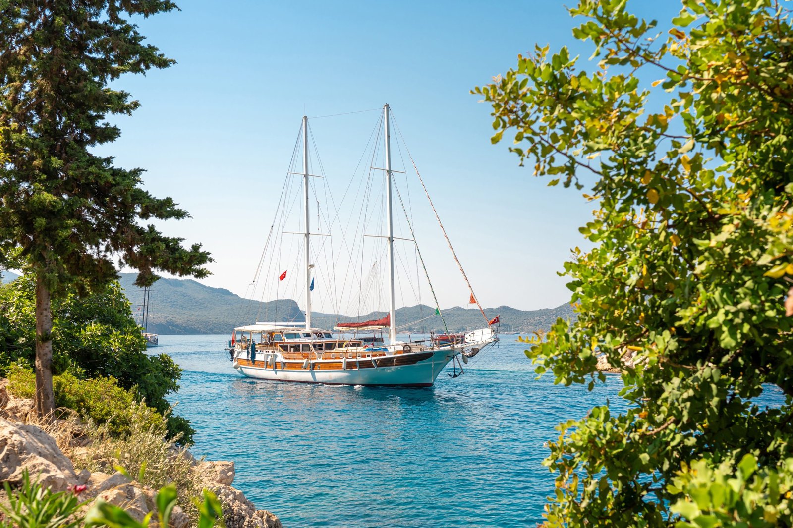 Sailing yacht anchored in a sheltered Ionian bay