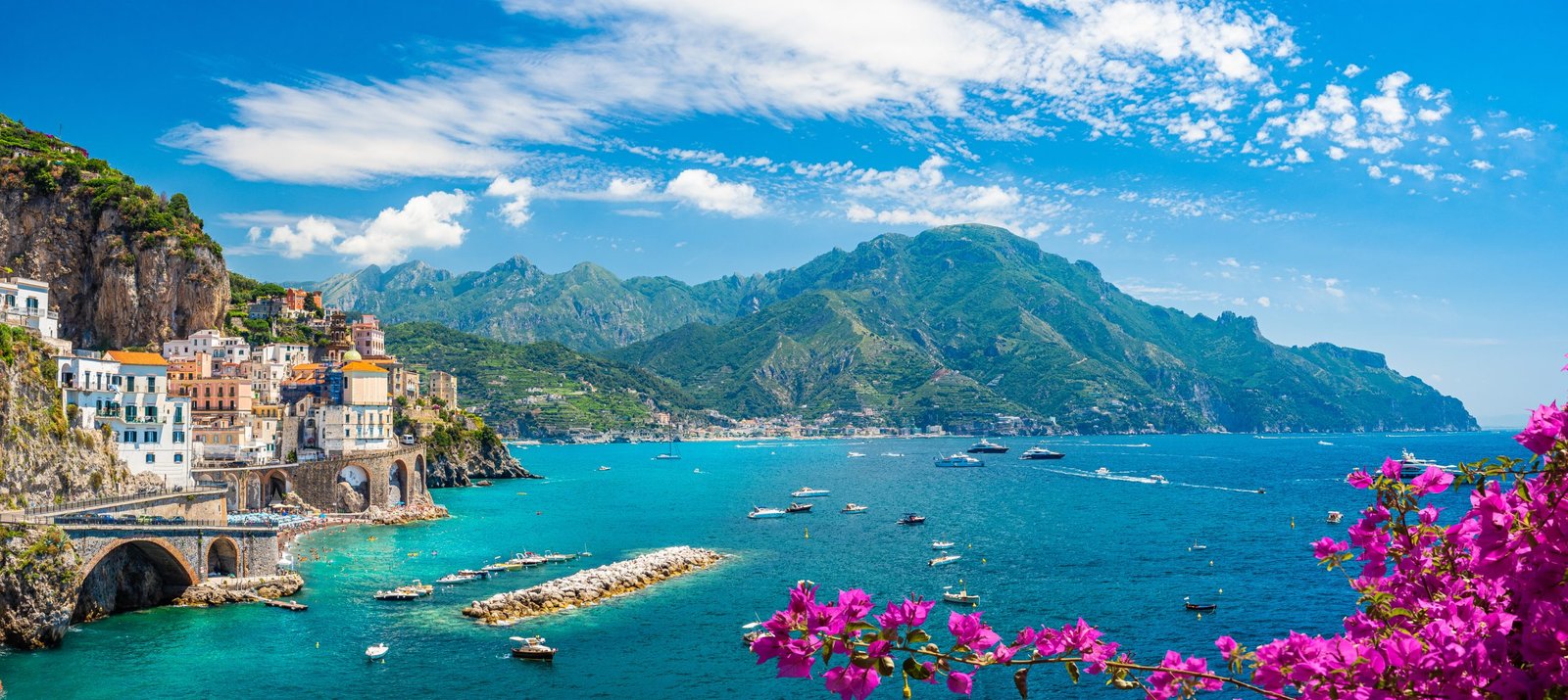 View across the Amalfi Coast and Mediterranean Sea
