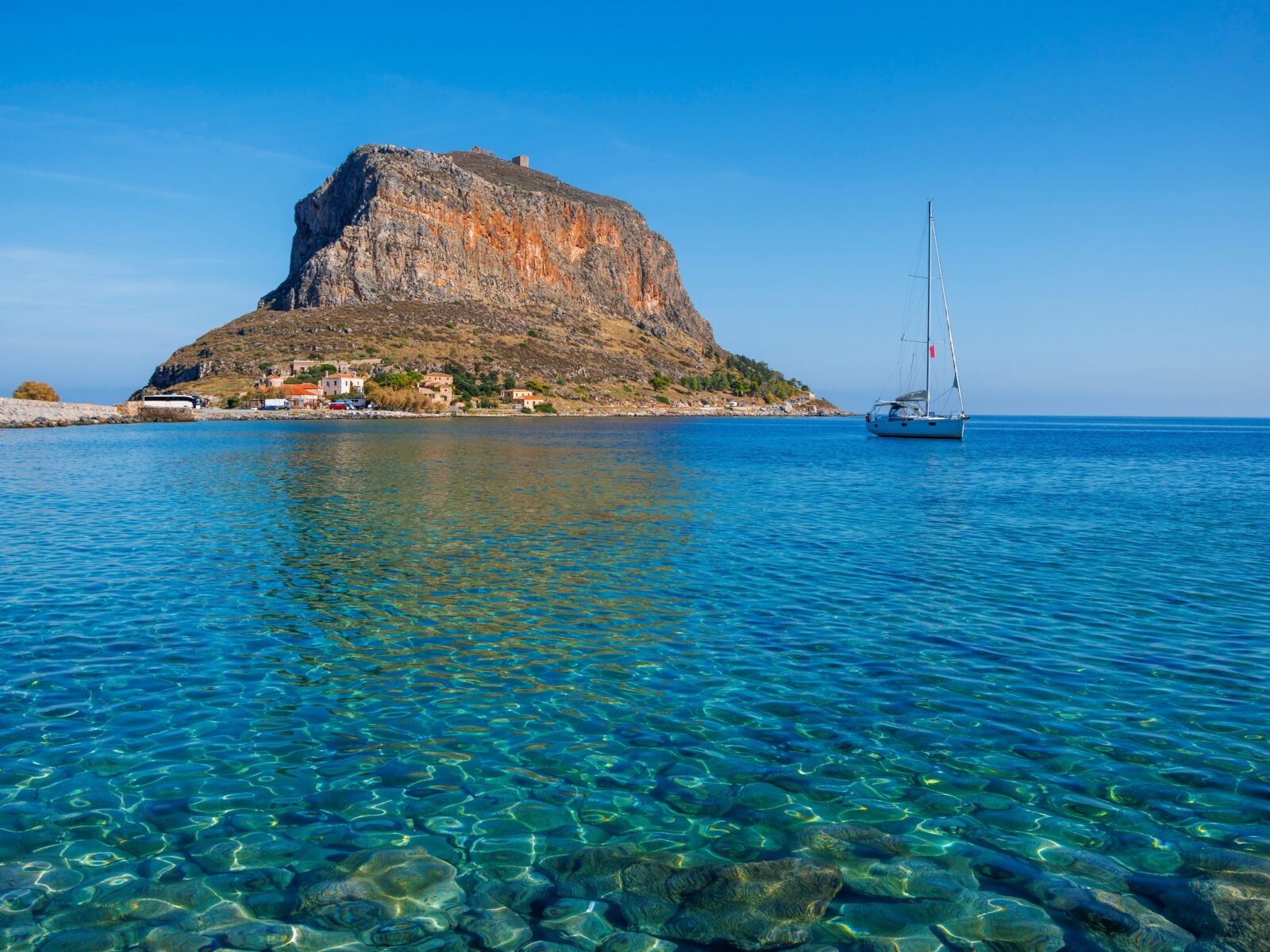 Monemvasia,Island,And,Turquoise,Sea,In,Greece
