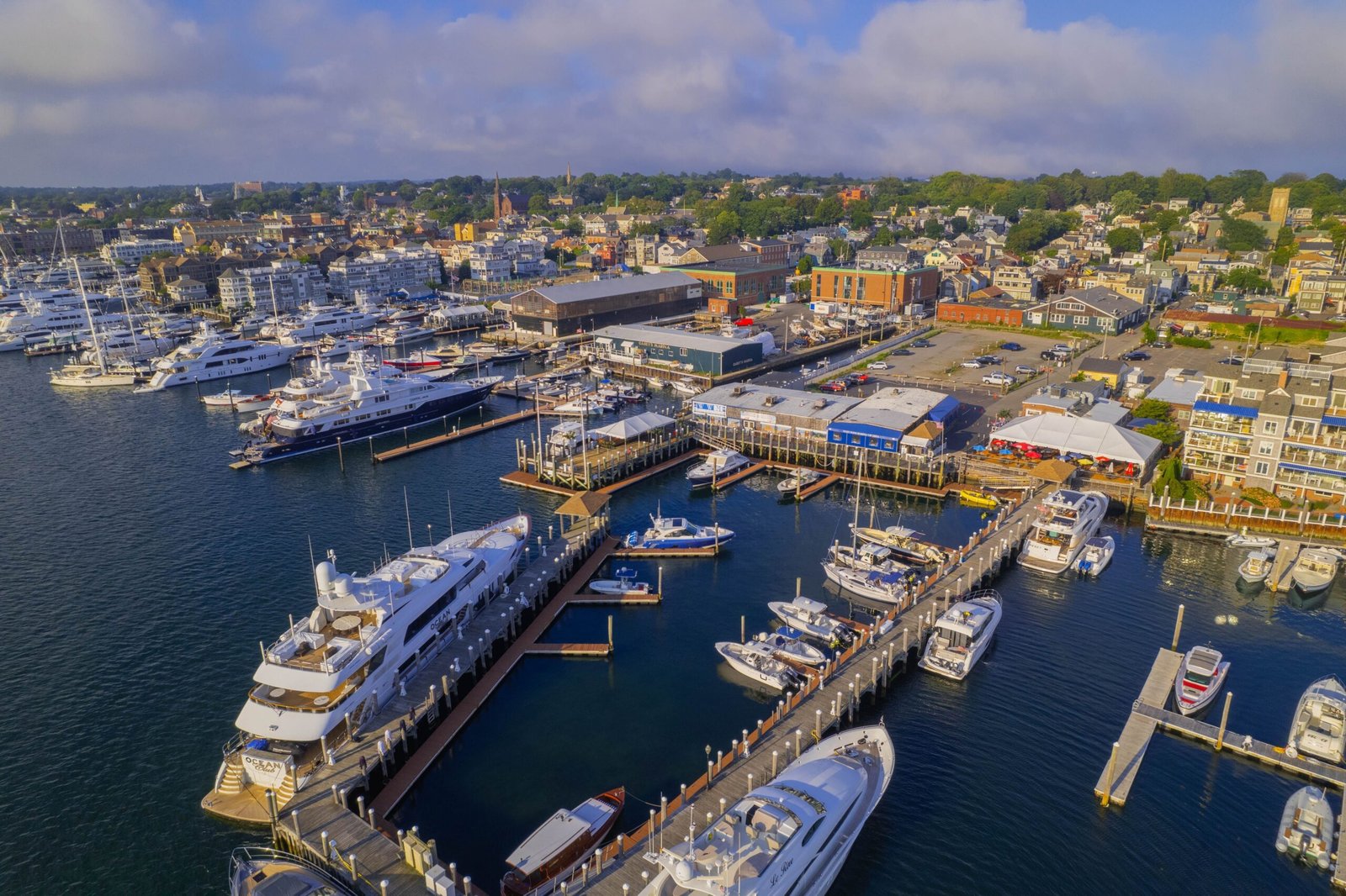 An,Aerial,Closeup,Of,A,Harbor,With,Ships,Docked,In