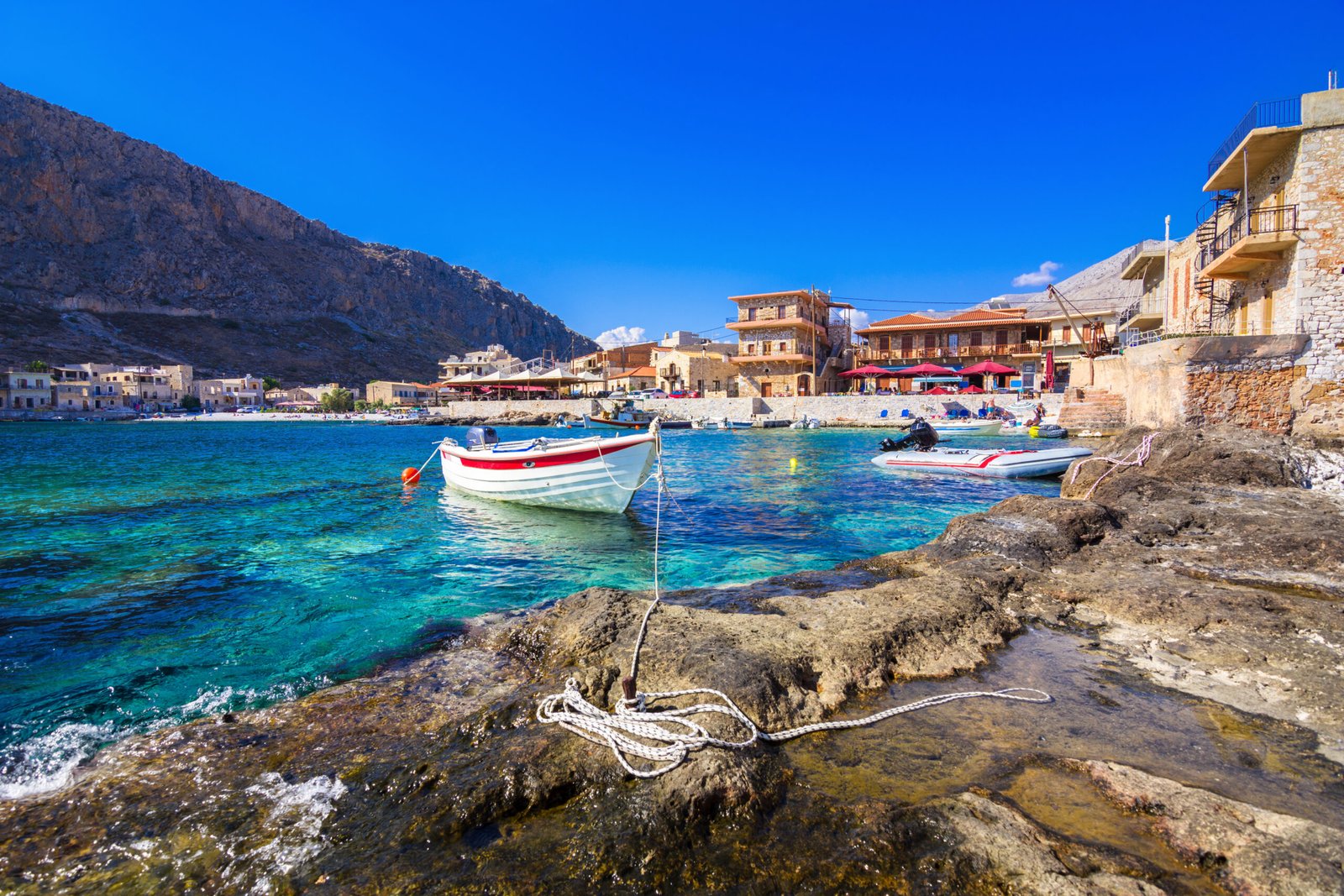 Old,Warehouses,In,The,Small,Port,Of,Gerolimenas,Village,,Mani