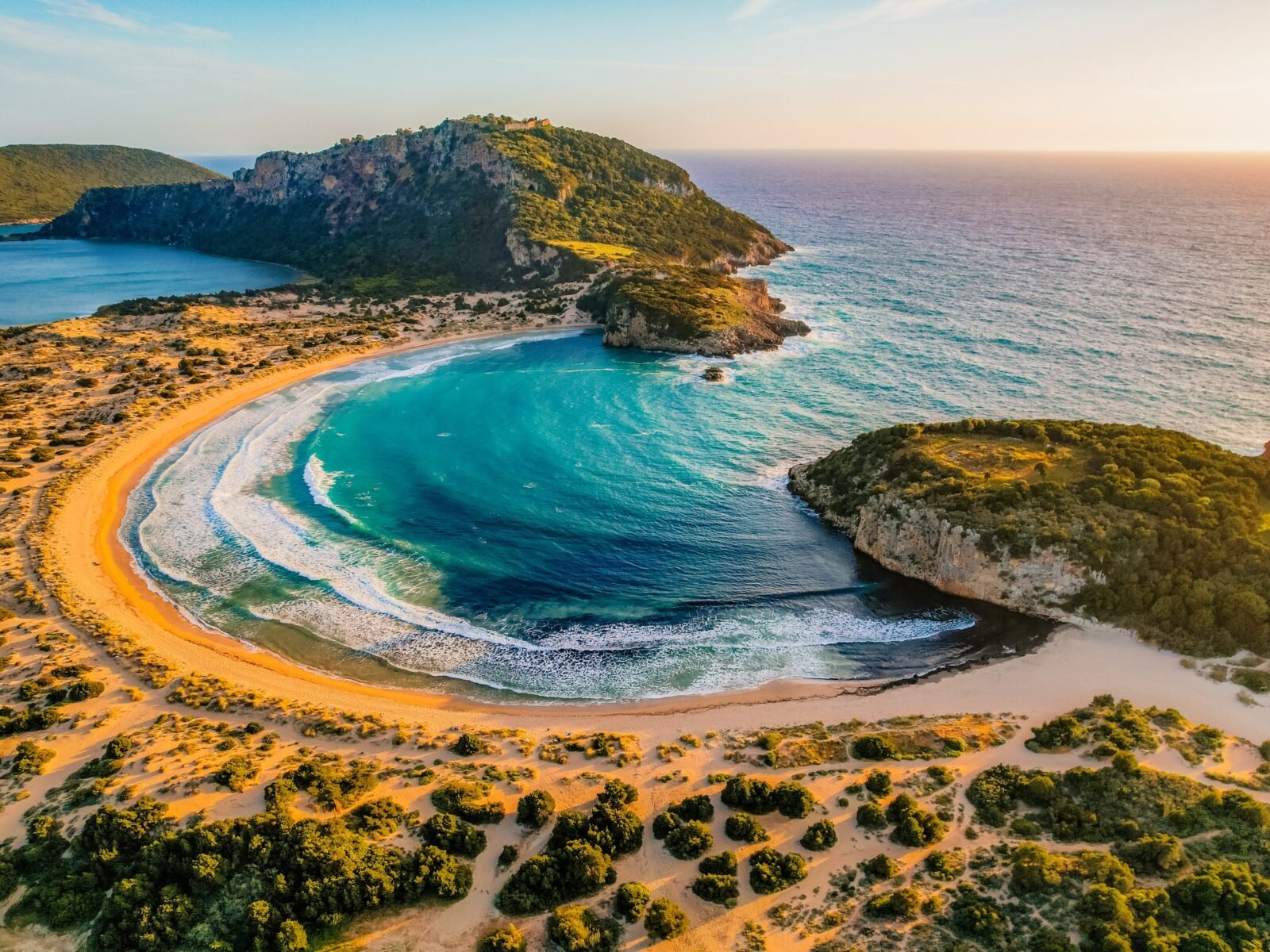 Aerial,View,Of,Voidokilia,Beach,,Lagoon,With,Beaches,In,Mediterranean,