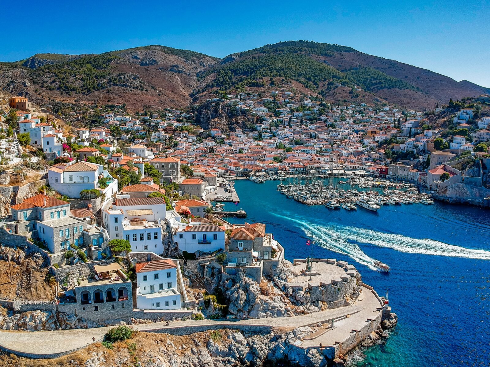 Hydra,,Greece,-,August,2021,Aerial,Drone,Panoramic,Photo,Of