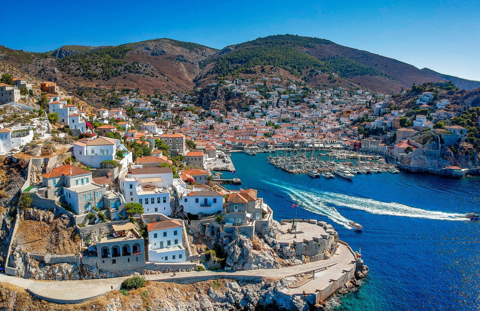 Hydra,,Greece,-,August,2021,Aerial,Drone,Panoramic,Photo,Of