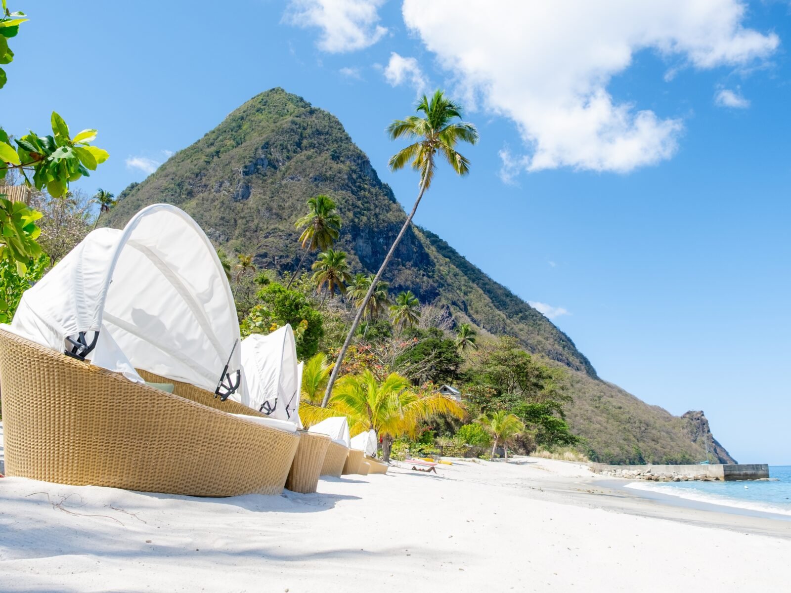White,Beach,Loungers,Invite,Relaxation,Along,Saint,Lucia,Stunning,Coastline.