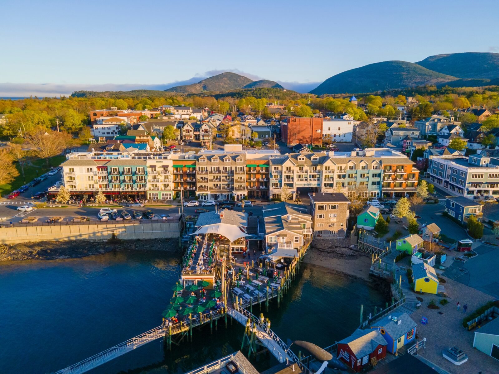 Bar,Harbor,Historic,Town,Center,Aerial,View,At,Sunset,,With