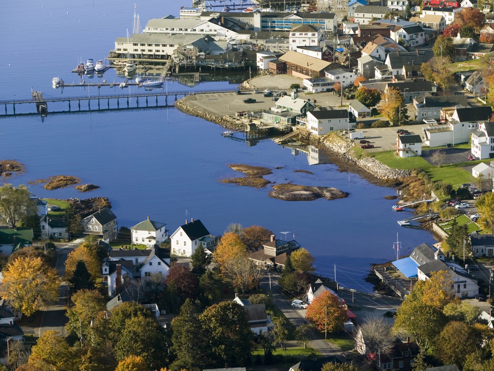 Aerial,View,Of,Boothbay,Harbor,On,Maine,Coastline